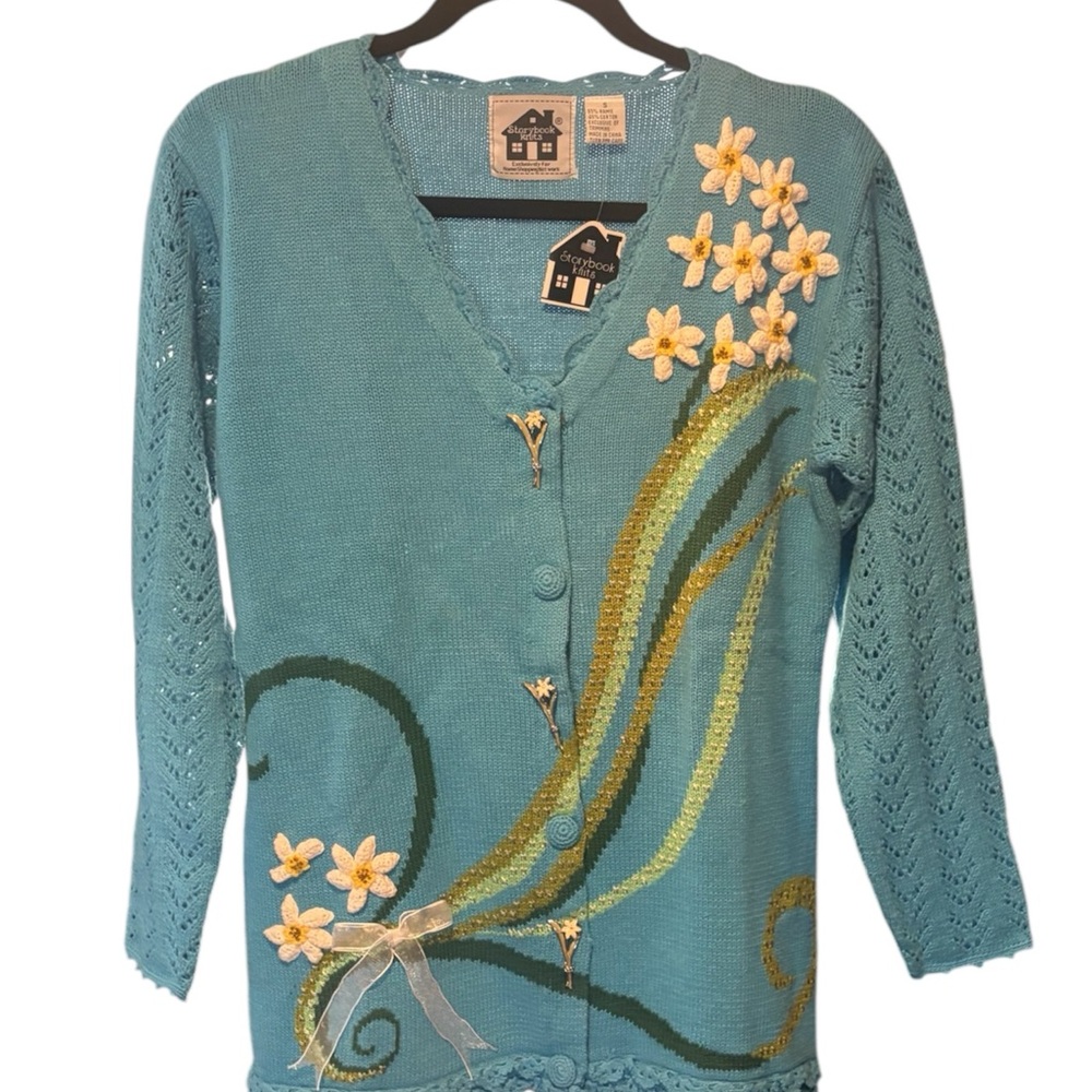 Storybook Vintage Blue Floral Embroidered Women's Sweater